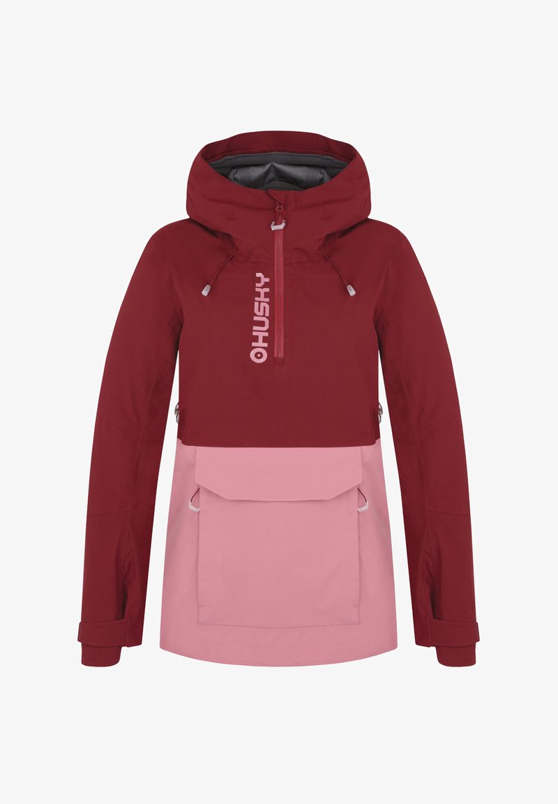 Dvoubarevná mikina s kapucí v červené a růžové barvě, se zapínáním na přední zip a velkou přední kapsou. Obsahuje nastavitelné stahovací šňůrky a potisk s logem.
