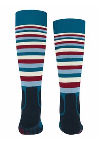 Skarpetki do kolan w kolorze turkusowym, niebieskim, kości słoniowej i bordowym w paski, z wzmocnionymi palcami i piętą dla większej trwałości.