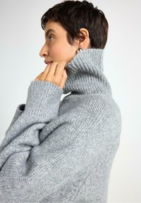 Person med kort, mørkt hår iført en tyk grå strikket højhalset sweater, trækker kraven op tæt på ansigtet, vender mod venstre.