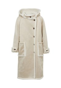 Manteau long beige avec capuche, en tissu doux. Doté d'un doublure en peluche, de deux poches avant et de fermetures à boutons. Manches repliables avec boutons.