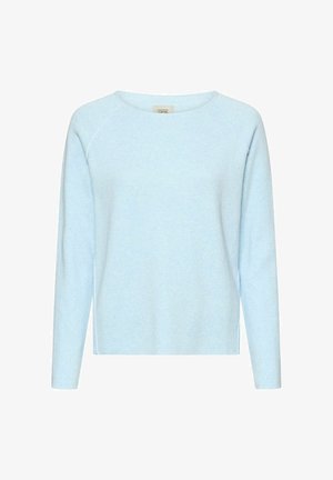 Jasnoniebieski sweter z długim rękawem, o okrągłym dekolcie i rękawach raglanowych, gładki wzór, widok z przodu na białym tle.