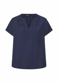 Top corto a maniche corte di colore blu navy con scollo a V, caratterizzato da righe verticali in tessuto testurizzato e una vestibilità rilassata, realizzato in un materiale leggero.