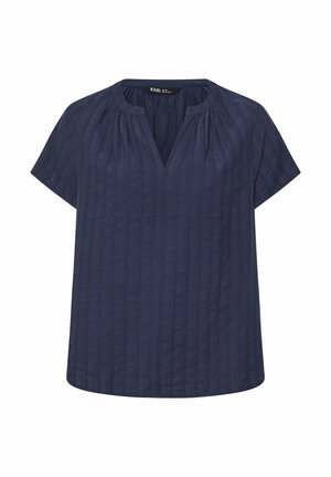 Navy blue short-sleeve top with a V-neck, featuring vertical textured stripes and a relaxed fit, made from a lightweight material.