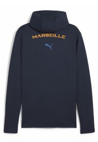 Felpa navy in misto cotone con maniche lunghe, con la parola "MARSEILLE" in arancione e un logo Puma blu sul retro.