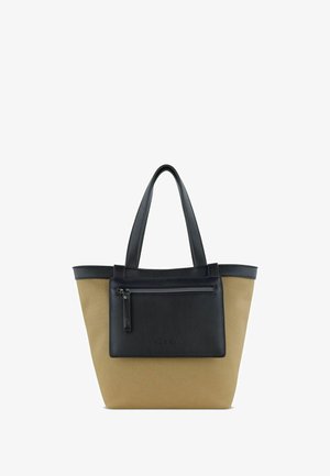 Hellbraune Canvas-Umhängetasche mit schwarzen Lederakzenten, ausgestattet mit einer vorderen Reißverschlusstasche, zwei Griffen und einer verstärkten oberen Kante.