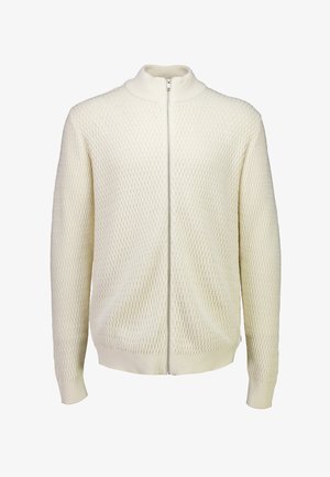 Cremefarbener, gestrickter Zip-Hoodie mit hohem Kragen und strukturiertem Rautenmuster auf der Vorderseite und den Ärmeln.