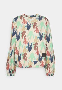 Sweat léger multicolore avec un motif camouflage floral en vert, bleu, rouge et beige, doté de poignets et d'un ourlet élastiques.