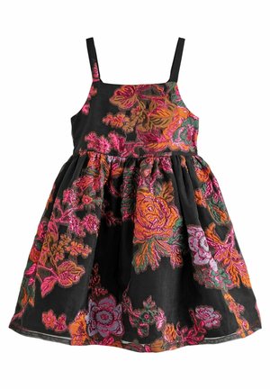 Zwarte mouwloze jurk met roze, oranje en groene bloemrijke borduursels en een geplooide rok.