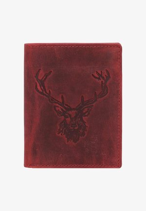 Rode leren portemonnee met een reliëf ontwerp van een hert aan de voorkant, met zichtbare stiksels en een gladde, gestructureerde afwerking.