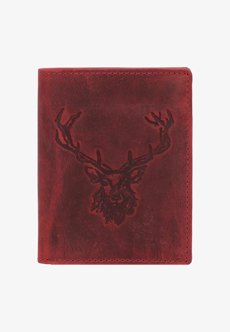 Portefeuille en cuir rouge avec un design de cerf embossé à l'avant, présentant des coutures visibles et une finition lisse et texturée.