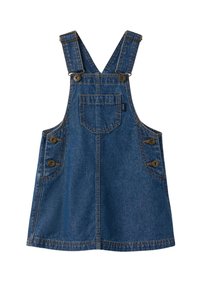 Denim overall dress in blue color, adjustable straps, front pocket, and button accents on the sides. Smooth texture, straight cut.