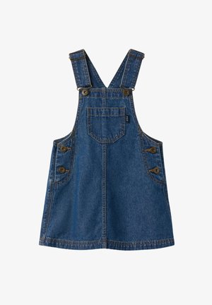 Jeans tuinbroek jurk in blauwe kleur, verstelbare bandjes, voork pocket en knopenaccenten aan de zijkanten. Gladde textuur, rechte snit.