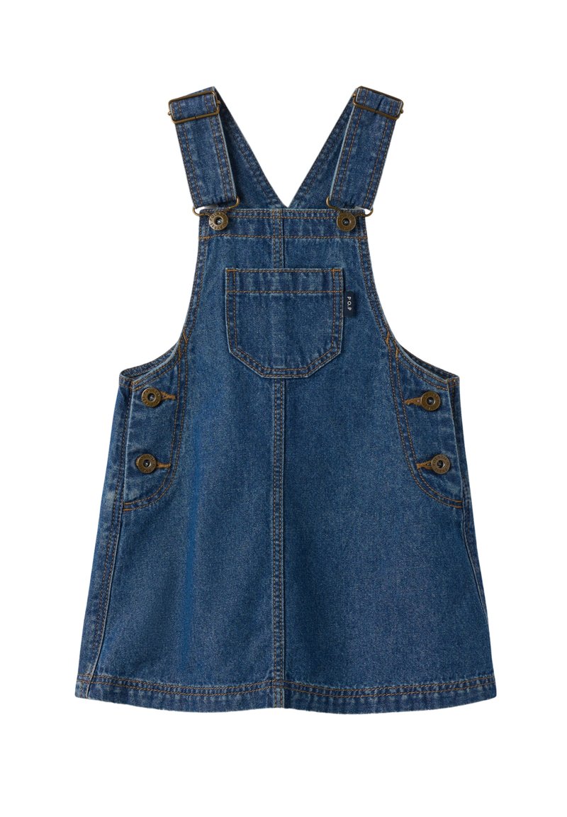 Denim overall dress in blue color, adjustable straps, front pocket, and button accents on the sides. Smooth texture, straight cut.