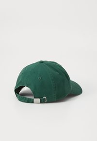 Green cotton baseball cap with curved brim, adjustable strap at the back, and six ventilation eyelets. Simple design and textured fabric.