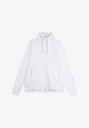 Veste blanche zippée avec col montant, accents en matériel doré, deux poches latérales et doublure intérieure à motif. Le matériau semble doux et lisse.