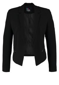 Veste noire pour femme sur mesure, à manches longues, avec revers crantés, devant ouvert et poches zippées de chaque côté.
