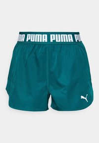 Shorts de sport teal avec une taille élastique, arborant "PUMA" en lettres blanches et un logo blanc en bas à gauche.