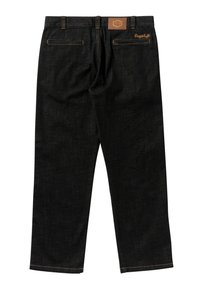 Donkergewassen denim broek met een rechte pijp, voorzien van oranje stiksels, twee achterzakken en een leren merkpatch op de tailleband.