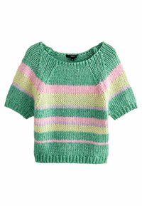 Kortærmet sweater i grøn, med horisontale striber i lys pink, gul og lavendel. Tekstil med struktur og bred halsudskæring.