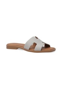 Gray leather slide sandal with two wide straps featuring cut-out details, resting on a flat brown sole. Textured upper and minimal design.