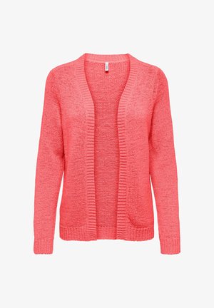 Koralowy różowy kardigan z otwartym przodem, długimi rękawami, żebrowanymi brzegami i teksturowanym wzorem dzianiny. Lekka tkanina idealna do warstwowania.