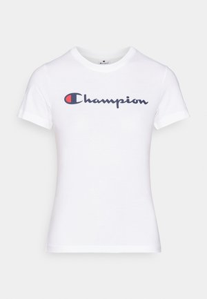 T-shirt bianca in cotone con collo a giro e maniche corte, decorata con il logo "Champion" in blu navy e rosso attraverso il petto.