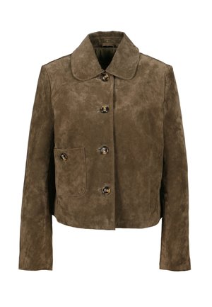 Braune Wildlederjacke mit Kragen, ausgestattet mit einer Fronttasche und vier Knöpfen. Die Textur ist weich und das Design ist auf Taillenhöhe gekürzt.