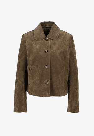 Brown suede jacket with a collar, featuring a front pocket and four buttons. The texture is soft, and the design is cropped at the waist.