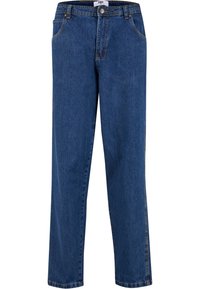 Jean bleu droit avec poches avant, passants de ceinture, bouton, fermeture éclair et coutures visibles.