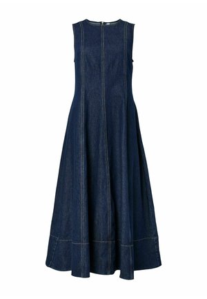 Abito midi in denim blu scuro senza maniche con scollo rotondo, cuciture verticali decorative, gonna svasata e chiusura con zip sul retro.