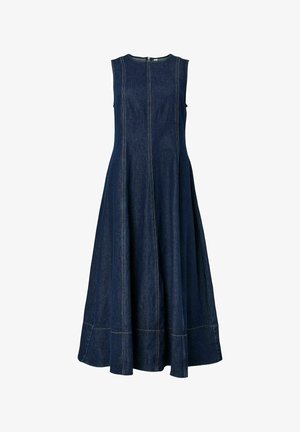 Abito midi in denim blu scuro senza maniche con scollo rotondo, cuciture verticali decorative, gonna svasata e chiusura con zip sul retro.