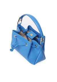Borsa a mano in pelle blu con design arricciato, dotata di hardware color oro, manico corto e dettagli con cordoncino. L'interno è di colore chiaro.