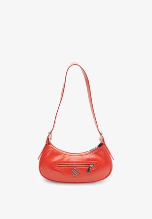 Red leather shoulder bag with curved shape, top zip closure, and front zip pocket. Features silver hardware and adjustable strap.