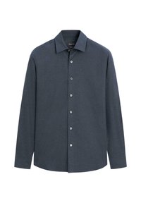 Donkerblauw overhemd met lange mouwen, knoopsluiting en een standaardkraag, met zes zichtbare knopen aan de voorkant.