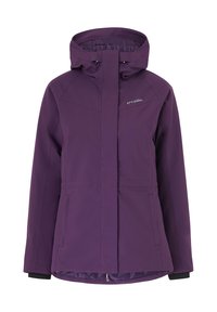 Fioletowa wodoodporna kurtka z zamkiem błyskawicznym, regulowanym kapturem i dwiema przednimi kieszeniami. Gładka struktura i ukośne szwy nadają nowoczesny wygląd.