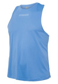 Blue sleeveless athletic tank top made from lightweight fabric, featuring a round neckline and a logo printed in white on the front.