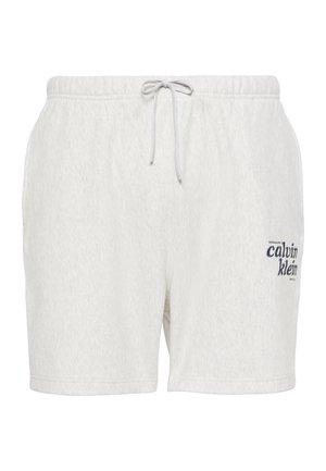 Pantalones cortos gris claro con cintura elástica y cordón, con pequeño logo de Calvin Klein en la parte delantera de la pierna derecha.