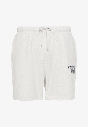 Pantalones cortos gris claro con cintura elástica y cordón, con pequeño logo de Calvin Klein en la parte delantera de la pierna derecha.