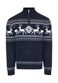 Maritimer gestrickter Pullover mit halber Reißverschlussleiste, versehen mit weißen Rentier- und Schneeflockenmuster, strukturiertem Oberflächenmaterial sowie gerippten Bündchen und Saum.