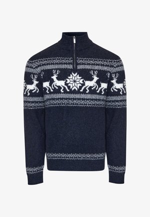 Marineblauwe gebreide trui met een halve ritssluiting, voorzien van witte rendieren en sneeuwvlokpatronen, een gestructureerd oppervlak en ribgebreide manchetten en onderrand.