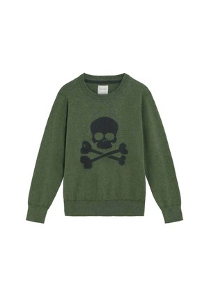 Jersey verde de cuello redondo con gráfico negro de calavera y huesos cruzados en el pecho, mangas largas y puños y dobladillo acanalados.