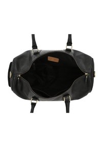 Schwarze Leder-Dufflebag mit goldfarbenen Beschlägen, Reißverschlussöffnung und einer Innentasche. Glatte Textur, runde Form, keine sichtbaren Muster.