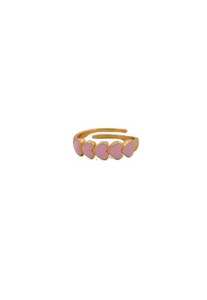 Gold open ring with five pink enamel heart shapes aligned in a row along the band.