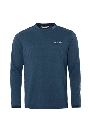 Camicia a maniche lunghe di colore blu scuro con tessuto a trama, scollo rotondo e logo ricamato sul petto. Presenta polsini a contrasto.