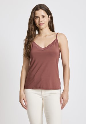 Brown camisole with lace trim along a V-neckline, fitted design, thin straps, made from smooth, soft fabric; worn with light-colored jeans.