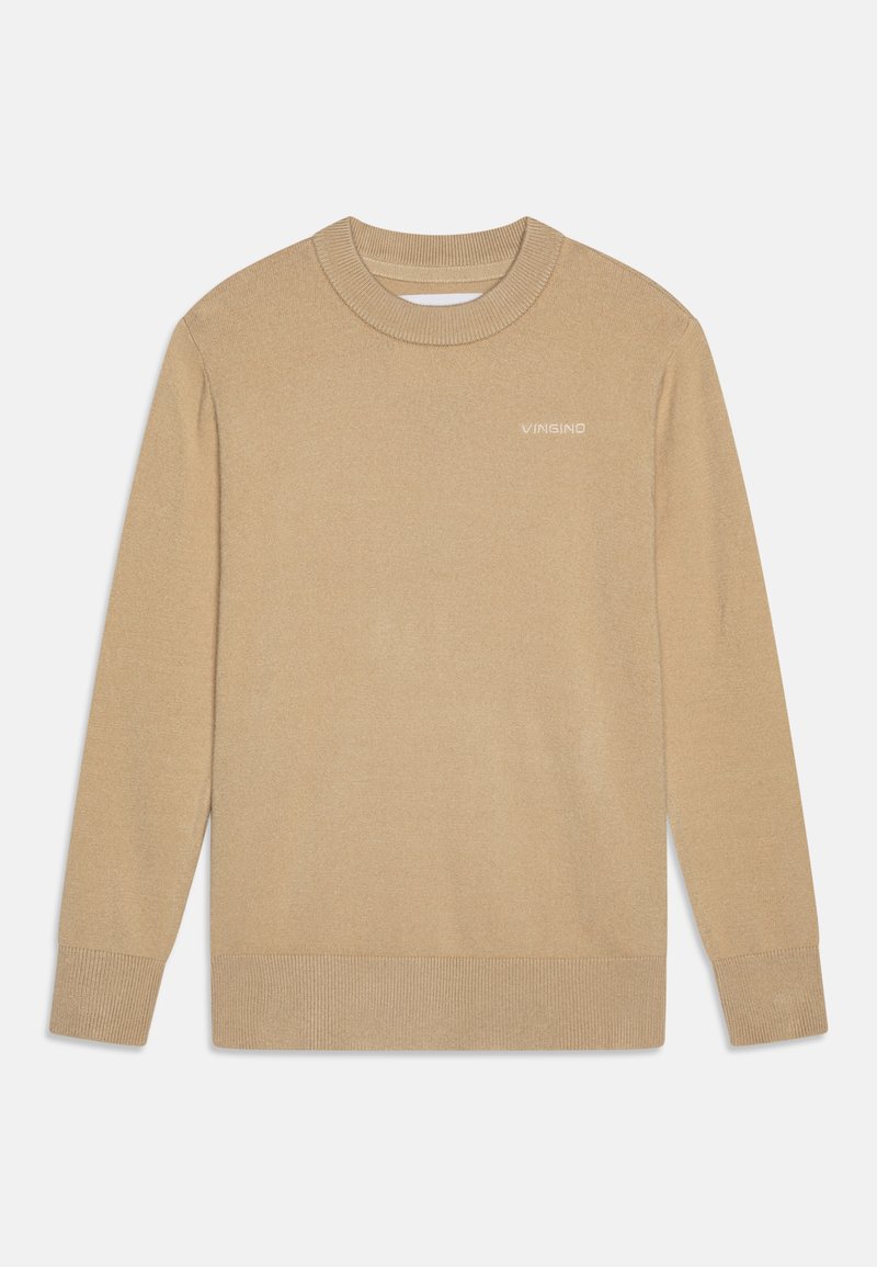 Beige Pullover mit langen Ärmeln, rundem Halsausschnitt und gerippten Bündchen und Saum. Mit einem kleinen weißen Logo auf der Brust. Glatte Stofftextur.