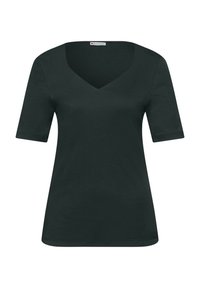 Haut noir pour femmes à manches courtes avec un décolleté en V et une silhouette ajustée.