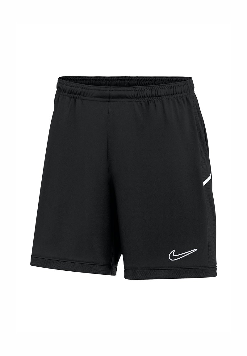 Shorts de sport noirs avec taille élastique, petit logo blanc Nike sur la jambe gauche et détail subtil d'une bande latérale, montrés sur fond blanc.