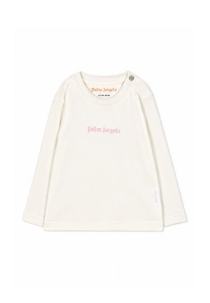 Maglia per bambini a maniche lunghe color crema con testo rosa "Palm Angels" sul davanti e un piccolo bottone vicino allo scollo sulla spalla sinistra.