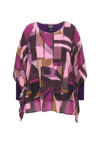 Leichte, mehrfarbige Bluse mit einem geometrischen Muster in den Farbtönen Pink, Lila und Braun. Mit weiten Ärmeln und rundem Ausschnitt.